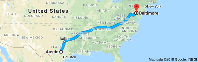 Austin to Baltimore Moving Company Route