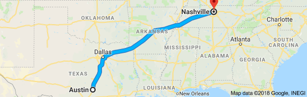 Austin to Nashville Moving Company Route
