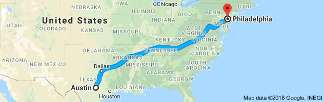 Austin to Philadelphia Moving Company Route