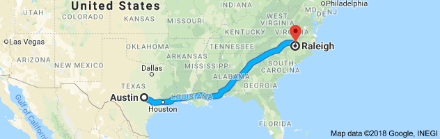 Austin to Raleigh Moving Company Route