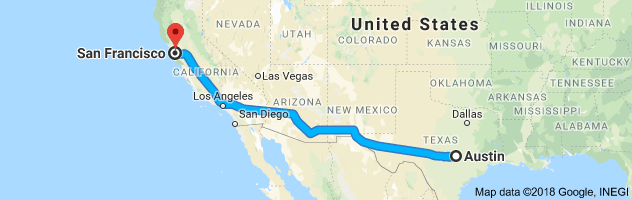 Austin to San Francisco Moving Company Route