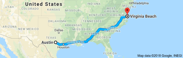 Austin to Virginia Beach Moving Company Route