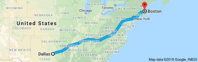 Dallas to Boston Moving Company Route