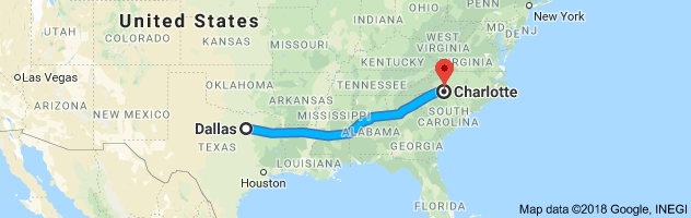 Dallas to Charlotte Moving Company Route