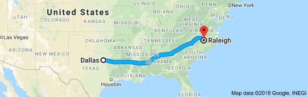 Dallas to Raleigh Moving Company Route