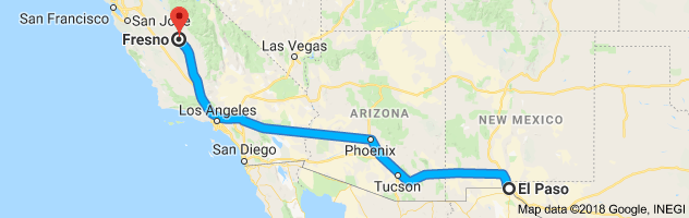 El Paso to Fresno Moving Company Route