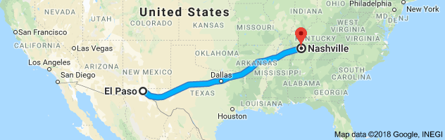 El Paso to Nashville Moving Company Route