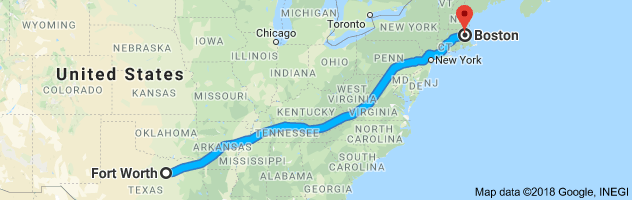 Fort Worth to Boston Moving Company Route