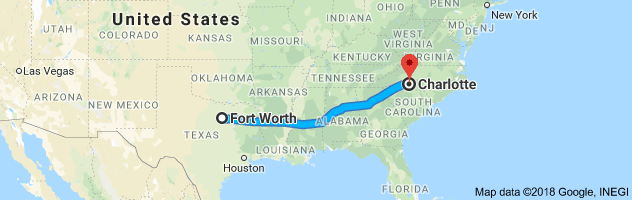 Fort Worth to Charlotte Moving Company Route