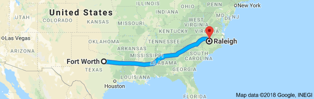 Fort Worth to Raleigh Moving Company Route