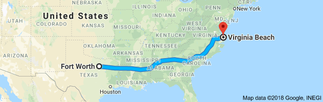 Fort Worth to Virginia Beach Moving Company Route