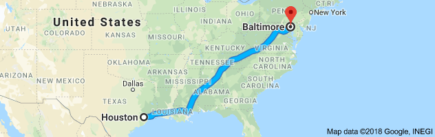 Houston to Baltimore Moving Company Route