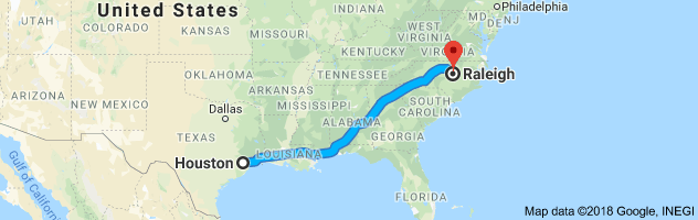 Houston to Raleigh Moving Company Route
