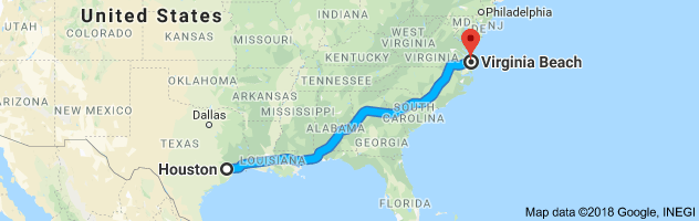 Houston to Virginia Beach Moving Company Route