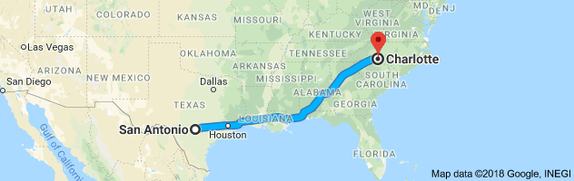 San Antonio to Charlotte Moving Company Route