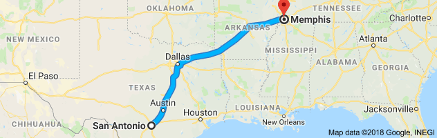 San Antonio to Memphis Moving Company Route