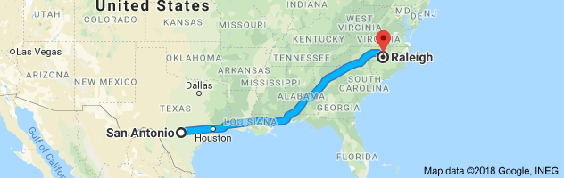 San Antonio to Raleigh Moving Company Route